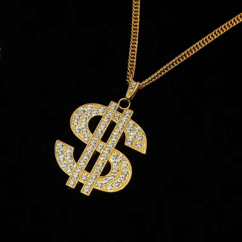 Retro Hip Hop Diamond Studded Dollar Sign Necklace Unisex Pendant Jewelry