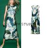 Spring New Women's Clothing Fashion Style Silk Satin Texture Print Sleeveless Round Neck Midi Skirt Dress 2362119