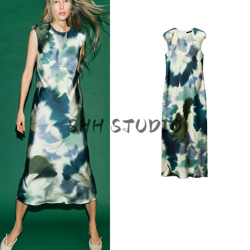 Spring New Women's Clothing Fashion Style Silk Satin Texture Print Sleeveless round Neck Midi Skirt Dress 2362119