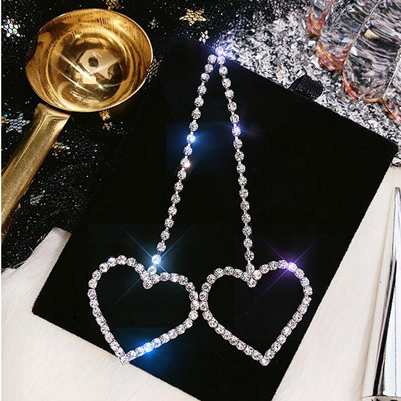 Long Luxury Rhinestone Earrings For Women Big Heart Crystal Simple Korean Statement Dangle Wedding Earring Jewelry Party