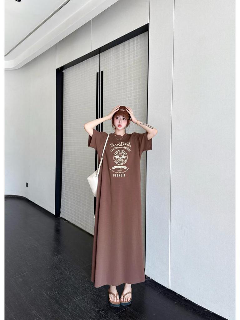 2026 Summer Fashion Women's Loose Short Sleeve Printed T-Shirt Dress - Over the Knee