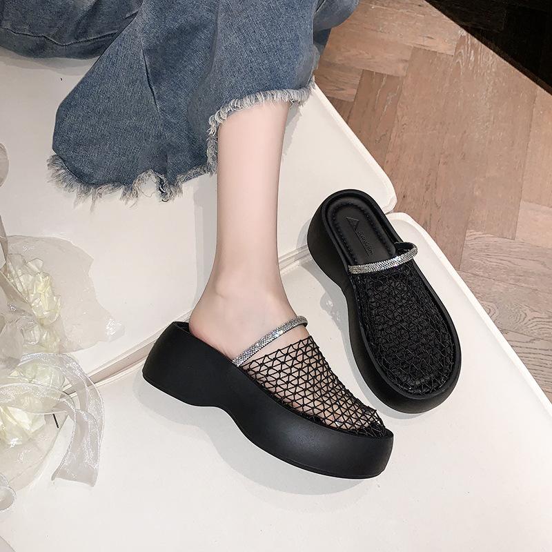 2025 new summer design mesh rhinestone hollow breathable bag head half drag thick bottom muffin outside wear sandals