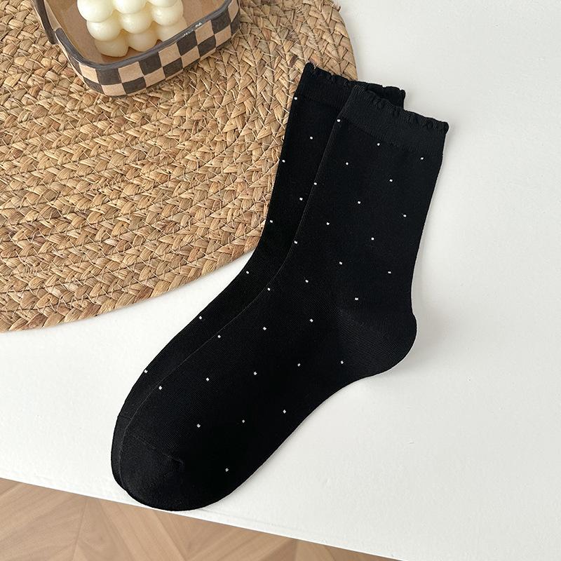 

Женские весенне-осенние носки из хлопка с махровой подкладкой, в горошек и с кружевом, отводящие влагу, универсальные 1 pair чёрный