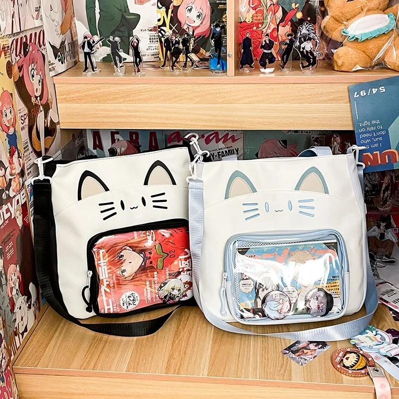 Y2K Cute Cat Ita Shoulder Bag Large Capacity Women Casual Crossbody Bag Kawaii Girl Transparent Pocket DIY Display Nylon Handbag