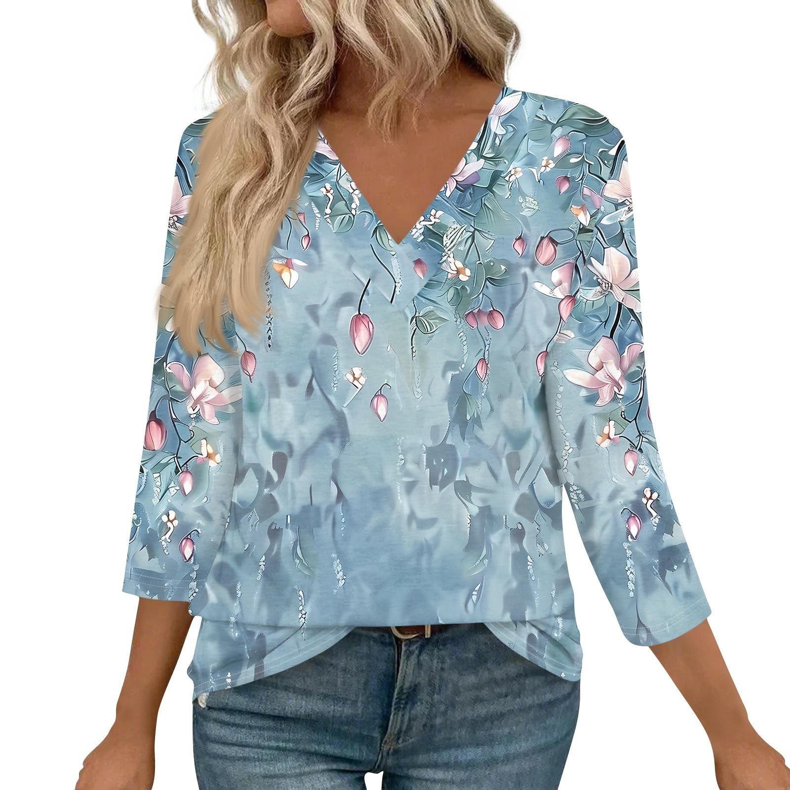 

Женские рубашки с рукавом 3/4, топы с принтом и V-образным вырезом, повседневные топы, базовые футболки, блузки, свободные топы XXXL циан