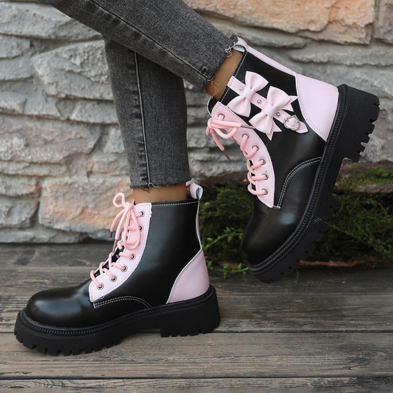 Sweet Pink Bowknot Mix Color Ankle Boots Women 2025 Autumn Thick Bottom Lace Up Boots Candy Punk Metal Decoration Booties Size42