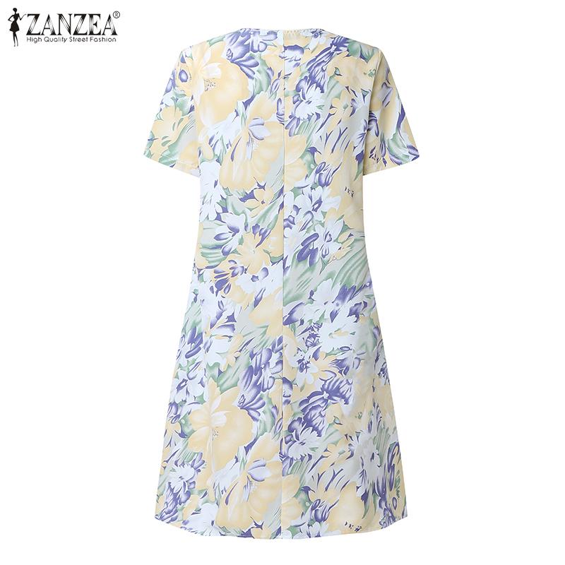 ZANZEA Women Casual Round Neck Short Sleeve Floral Print Dress