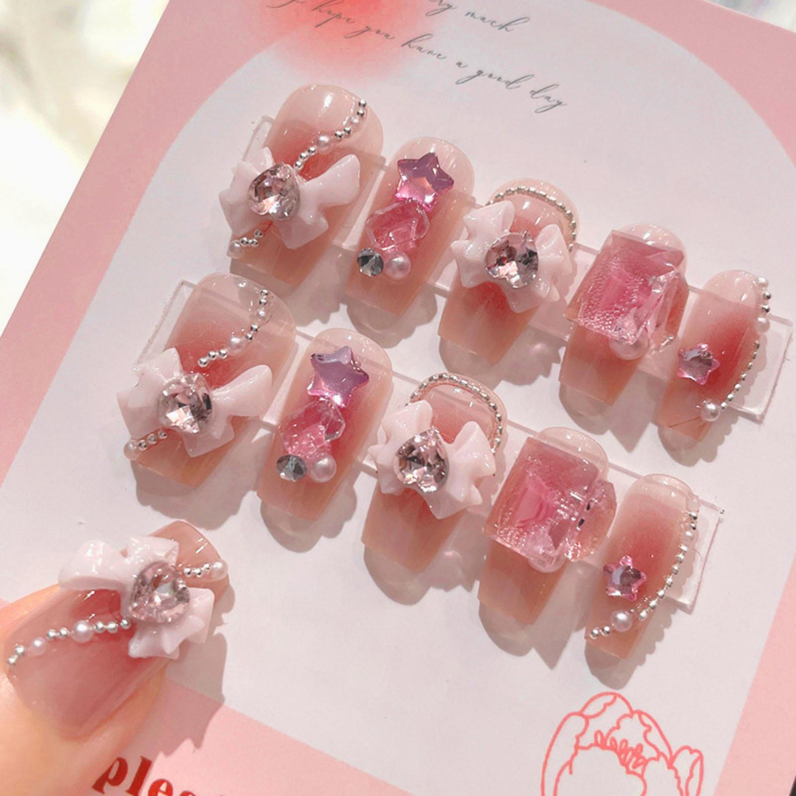 24pcs Fake Nails Blush Pink Fake Nails 3D Bowknot Setting with NO Harm and Smooth Edge Nails Press On Nails for Daily Manicure