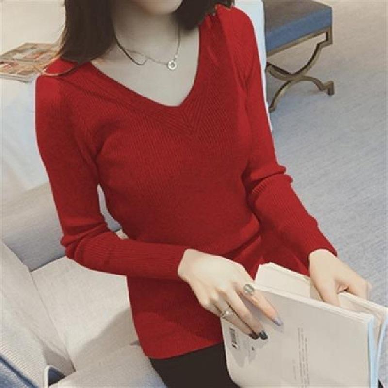 Autumn and Winter New Sweater Women's Slim and Thin V-neck Bottoming Shirt Core-spun Yarn Student Korean Version Pullover Knitted Sweater Women's
