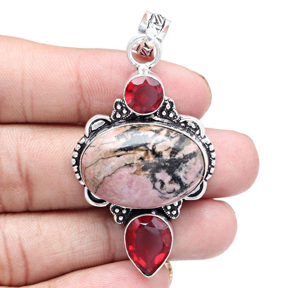 Přívěsek Rodonit Drahokam Dárek Pro Ni Stříbrné Šperky 2,5"