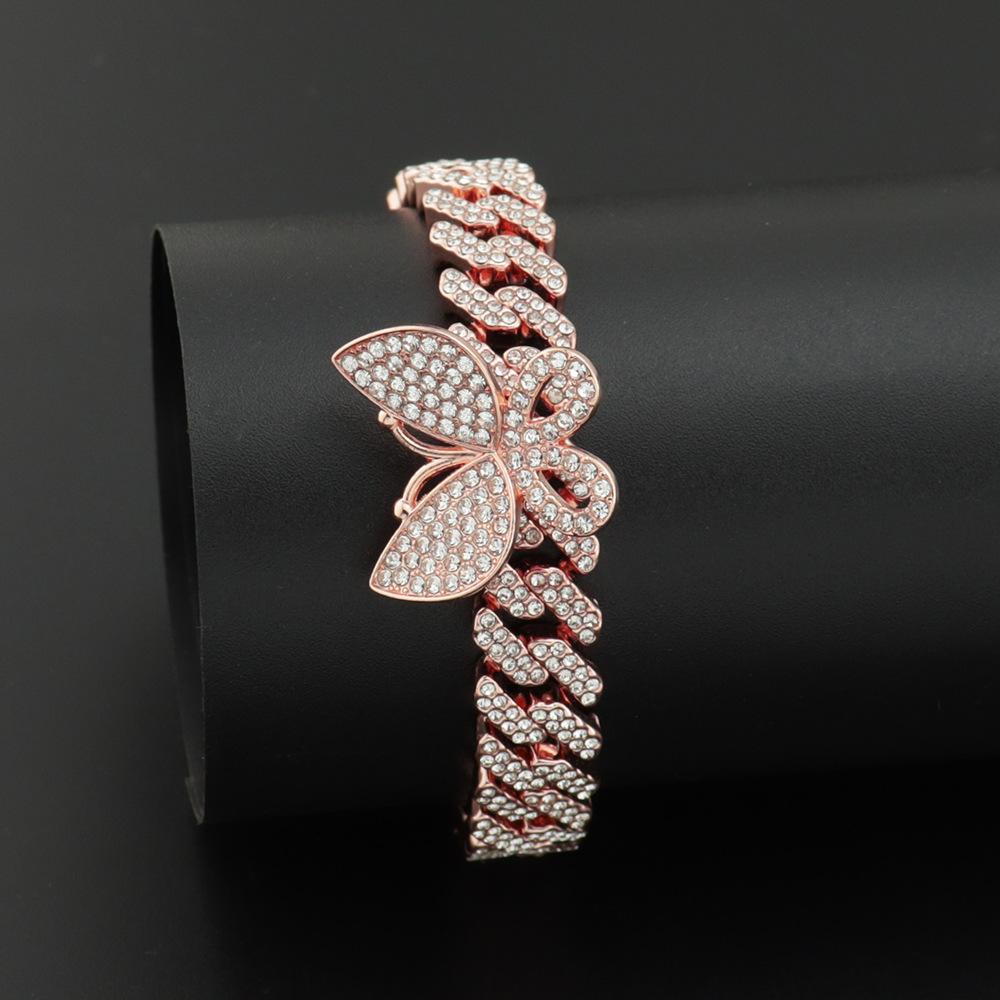 European American Hip Hop Butterfly Iced Out Bracelet, 12mm Full Diamond Rhombus Hiphop Punk Alloy Bracelet