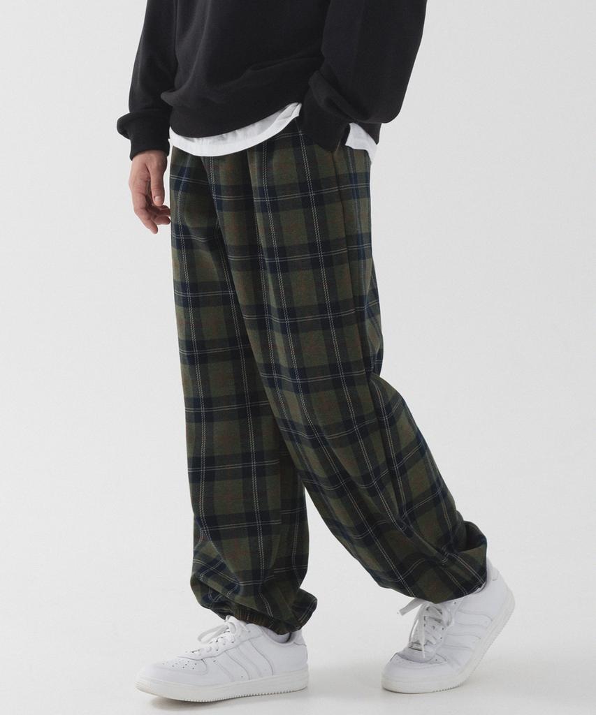 PIANER Tartan Check Wide Jogger Pants (Khaki)