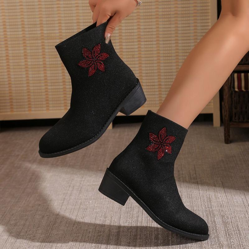 Poloviční podpatek Kulatá špička Čtvercový podpatek Moderní kotníkové boty Jaro/podzim Dámská obuv ve výprodeji 2024 Nové Jednobarevné Květinové Dámské boty