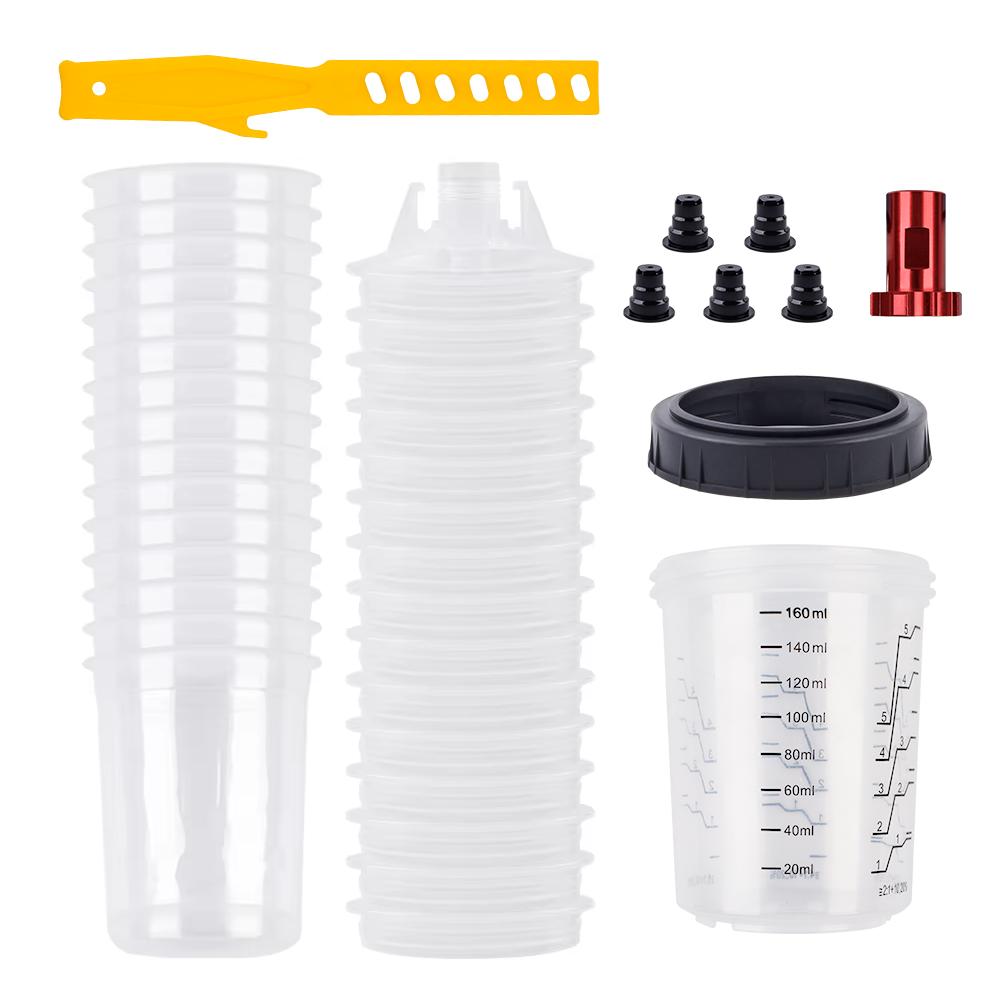

160ML Spray Gun Paint Mixing Cup Spray Gun Tank Disposable Plastic Paint Measuring Cups with Adapter, for Liquids, Paints, Resin SET-15PCS