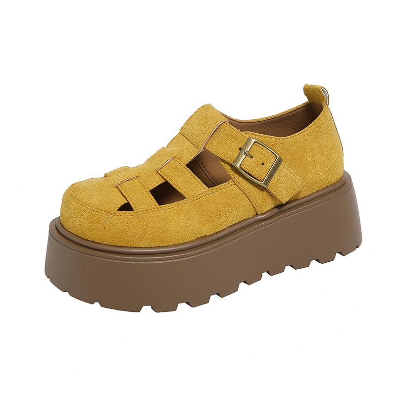 Small man increases height, thick-soled retro women's summer 2025 new big-headed versatile hollow single shoes