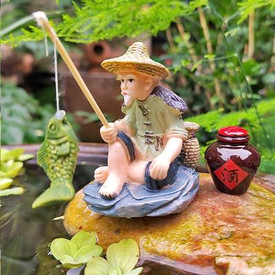 Ornements de pêcheur Jiang Taigong pour cour de jardin étang à poissons rocaille bonsaï décoration