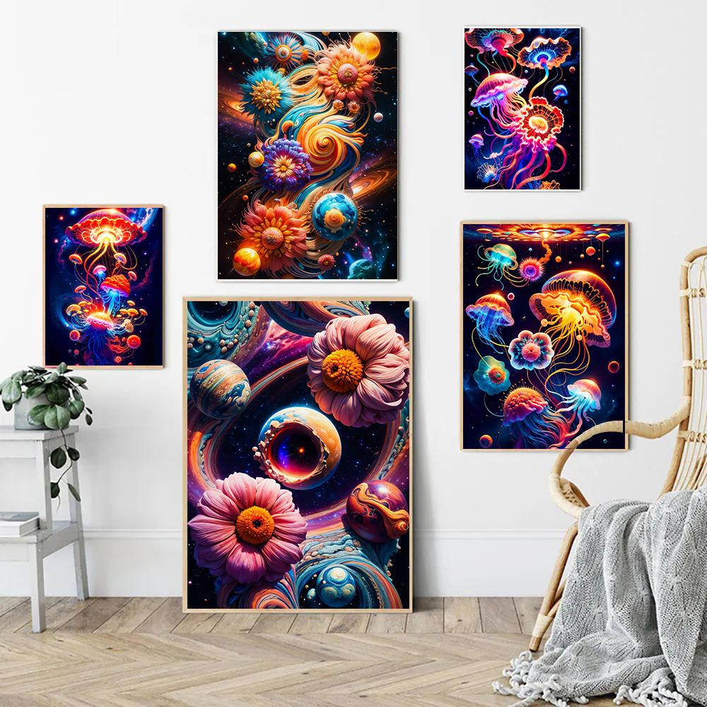 Colorful Abstract Space Composition Posters Planets Srtars Jellyfish Flowers Prints Canvas Wall Pictures Home Living Room Decor