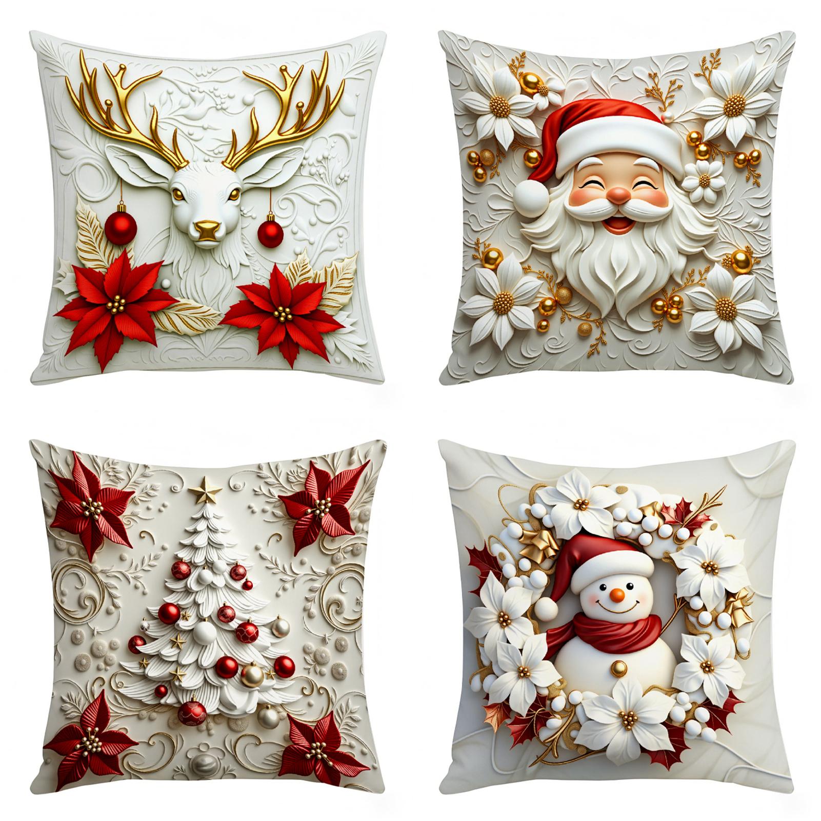 

4PCS/SET Christmas Pillow Covers, Santa Snowman Reindeer Tree Print, Red White Gold Green Polyester Zip, for Living Room Decor