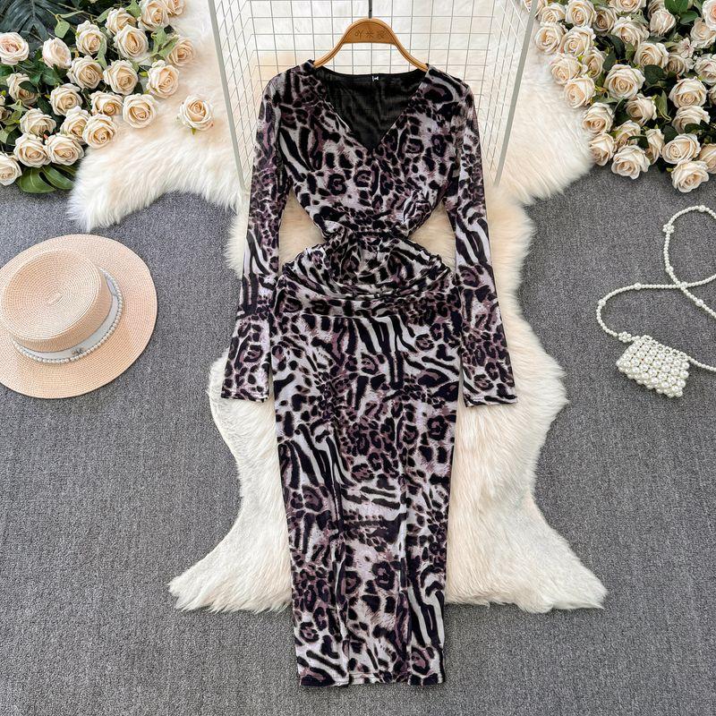

Lightly Mature French Deep V Neck Long Sleeves Printed Mesh Dress Women s Lace-up Waist-Controlled Slimming Skinny Sheath Skirt Black Leopard Print One size