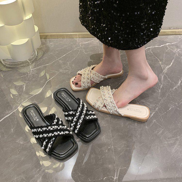 Large Size Women's Shoes 41 To 43 Cross with Pearl Slippers Women's Summer Wear 2025 New Flat-bottomed Beach Seaside Sandals