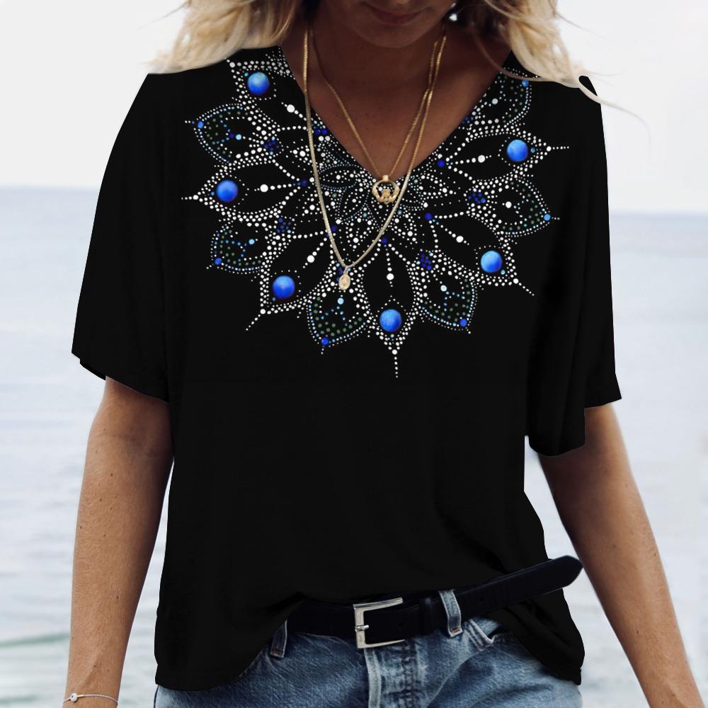 Summer Mandala Gradient 3D Print T-shirt Women Streetwear Fake GlitterT Shirts Tops Woman V-Neck Tees Oversized Clothing