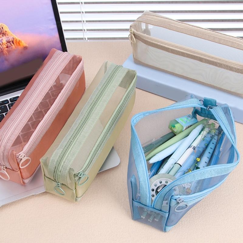 Clear Mesh Pencil Case Double Layer Pencil Pouches Large Capacity Pen Organizers Storage Bag Portable Makeup Storage Bag