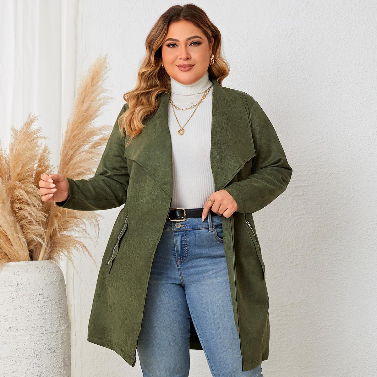 Женское однотонное пальто с завязками на талии и карманом на молнии с длинным рукавом — фото 2