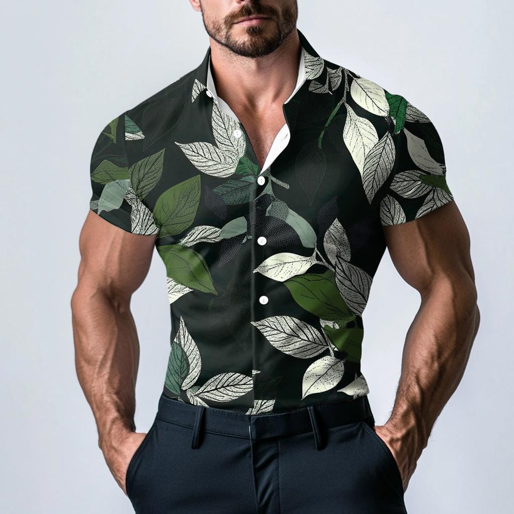 Pánská módní tištěná saténová košile s krátkým rukávem