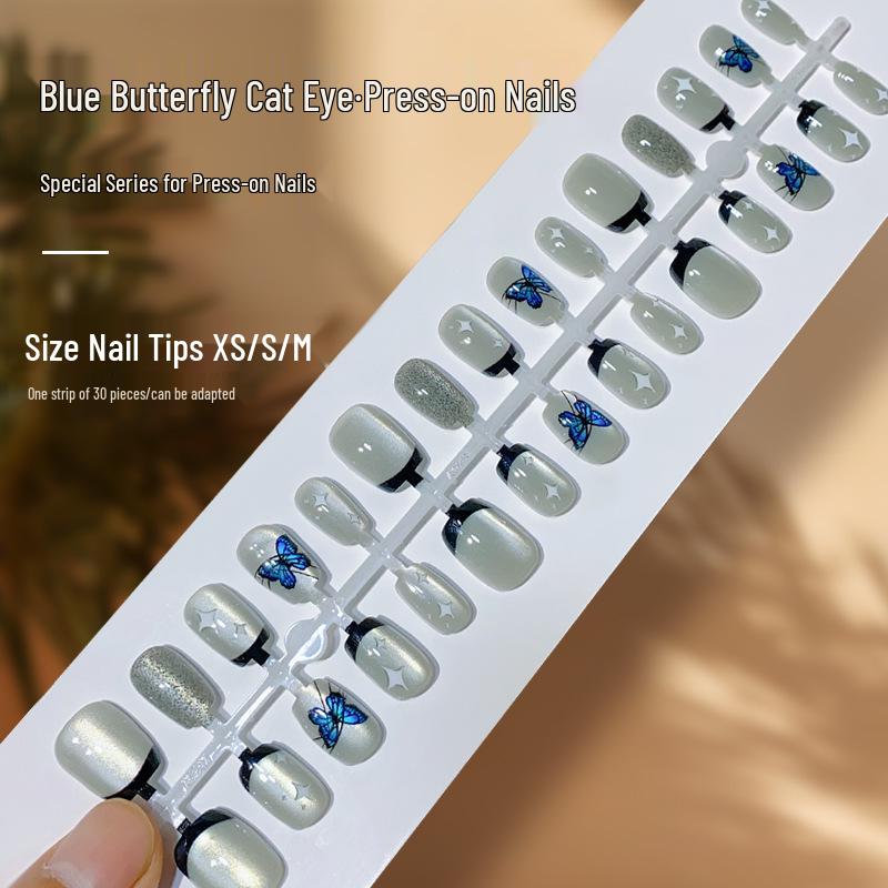 

INS Style Blue Ice French Cat Eye Press-On Nails with Butterfly Starburst Design
