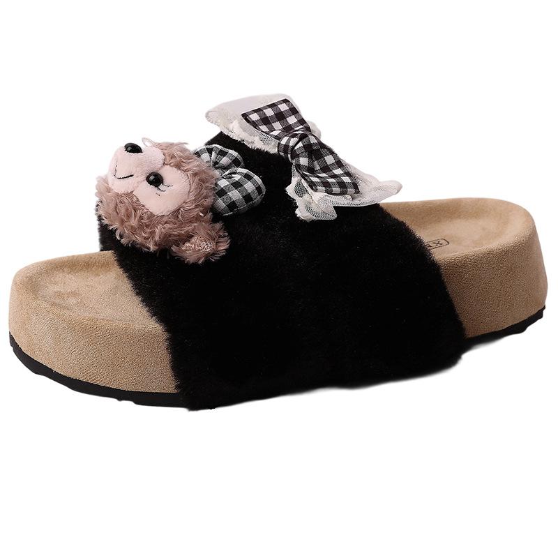 Cute cartoon bear fashion casual bow fluffy slippers women's 2025 autumn new wear cool slippers