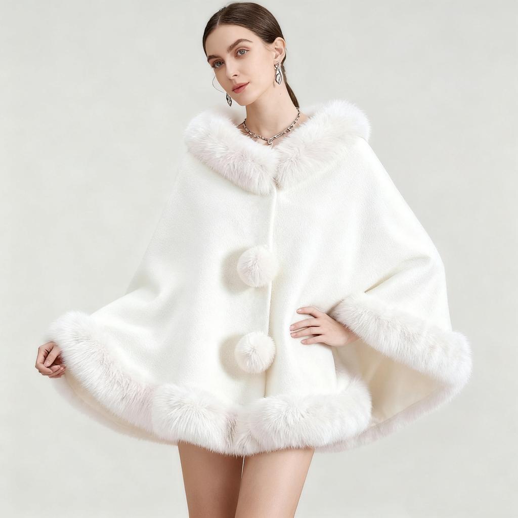 Autumn And Winter New Imitation Mink Fur Collar Shawl Cape Solid Color Wool Ball Cardigan Cheongsam Outer Cloak Jacket For Women