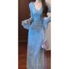 Wear in early autumn, new Chinese super fairy tie-dye v-neck dress, femininity age-reducing, slightly fat mm thin dress