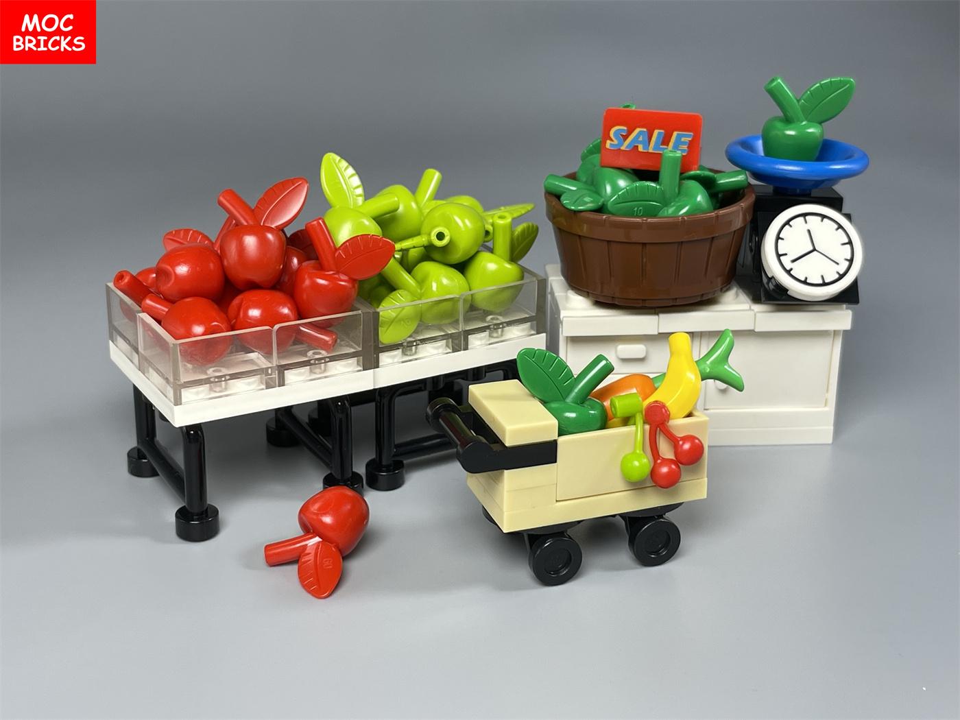 MOC Bausteine Lebensmittel Obst Ausstellungsregal Werkzeug Stadt Küchenzubehör Lernbausteine Kinderspielzeug