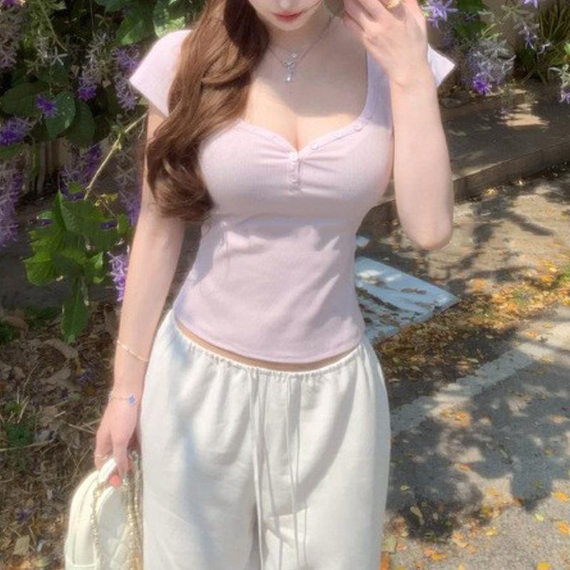 V-neck Sexy Slim Short T-shirt Summer Inner Design Simple Slimming Versatile Short-sleeved Top