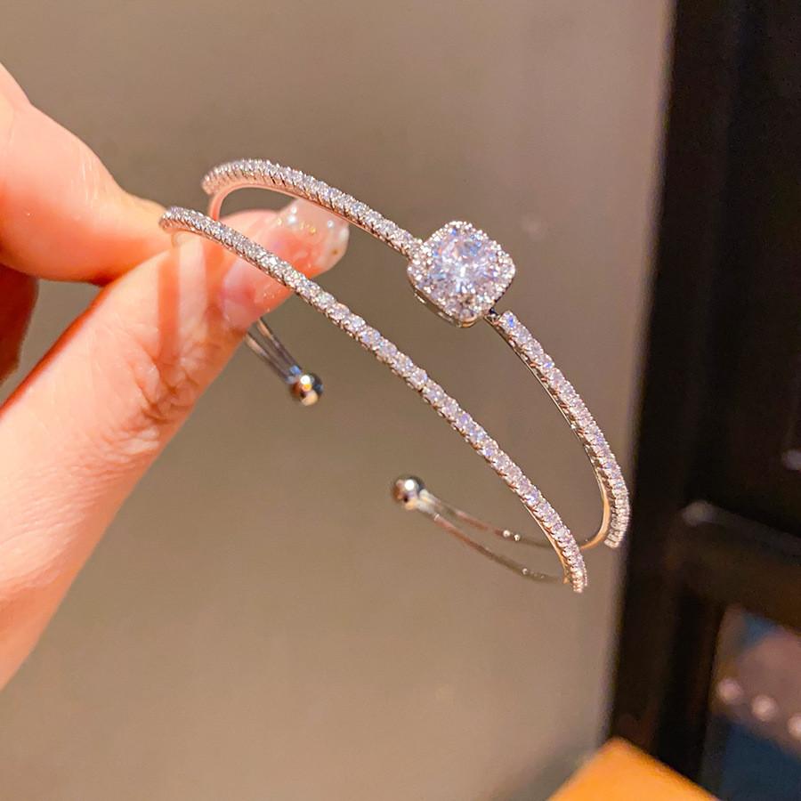 Geometric Silver Zircon Double Layer Bracelet For Fashionable Women