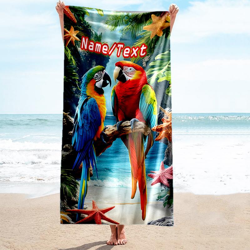 1PC Custom Name Parrot Paradise Beach Scene Beach Towel Highly Absorbent And Sand-Resistant Towel for Swimming, Pool, Yoga, And Travel Lightweight