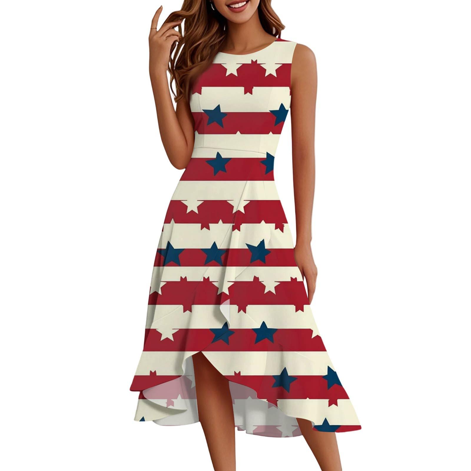 

Женское модное повседневное платье без рукавов с круглым вырезом на молнии с принтом «День независимости» с элегантными оборками и темпераментом S красный