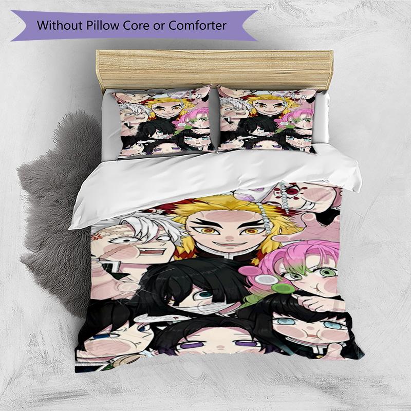 Set cuvertură de pilota 3 buc (1 * Husă de pilota + 2 * Față de pernă, Fără Miez), Set de așternut cu imprimeu Demon Slayer, Decor pentru dormitor, Pentru toate anotimpurile, Cadou de ziua de naștere