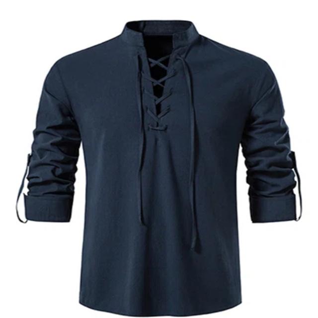 

2026 New Men s V-neck Shirt T-shirt Fashion Vintage Thin Long Sleeve Top Men Casual Breathable Viking Front Lace Up Man Shirts S темно-синий