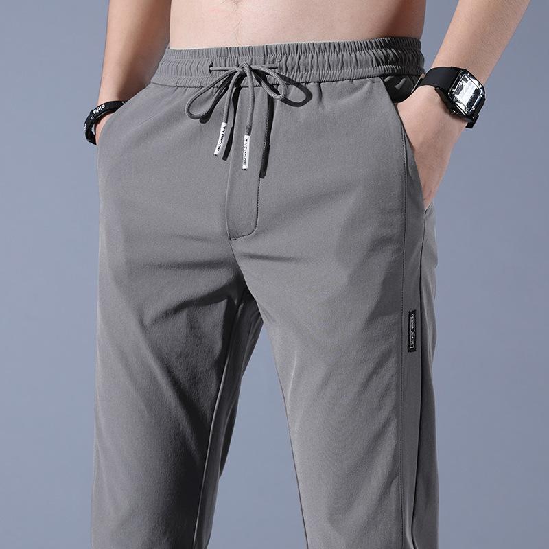 Men's Sports Casual Trousers Ice-Silk Summer Lightweight Style Trendy Versatile Straight-Leg Elastic Waist Loose-Fit Solid Colour Trousers