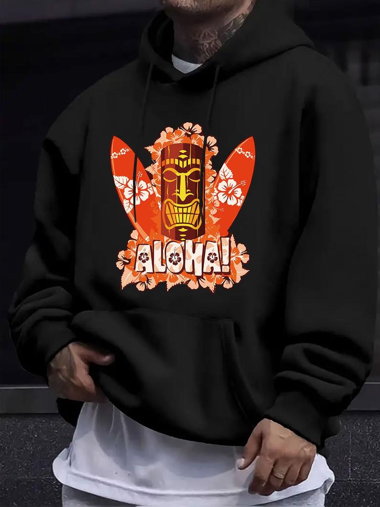 American And European Style unisex Autumn Winter Print Hoodie Long Sleeve Sweatshirt, Hawaiian Aloha Totem Print Hooded Sweatshirt, Tropical Island St