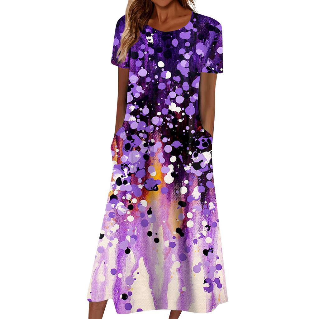 Summer Dress For Women Casual Printed V-Neck Short-Sleeve Beach Swing Dress