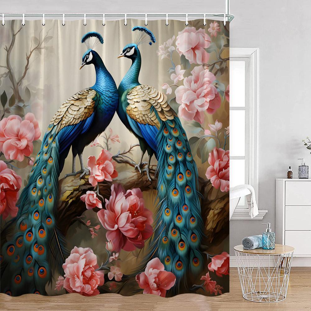 Peacock Shower Curtain Modern Oil Paniting Animals Flowers Plants Floral Bathroom Decor Elegant Fabric Bath Curtains with Hooks