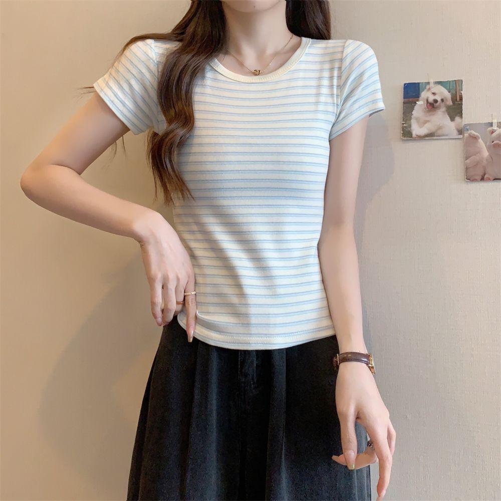 Korean Style Slim Fit Striped Short Sleeve T-shirt for Women