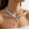 Layered Pearl Cross Star Pendant Choker Necklace Women Hollow Out Celestial Fringe Design Fashionable Chain