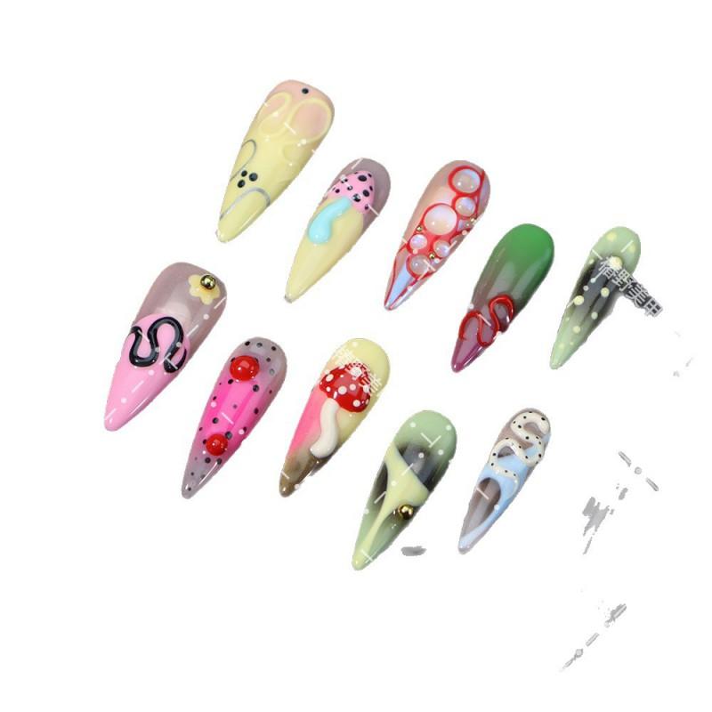 Press-On Nails With Mushroom Snake Print Bubbles Design Long Shape Removable Acrylic Nail Tips Women Sweet Edgy Cute Style