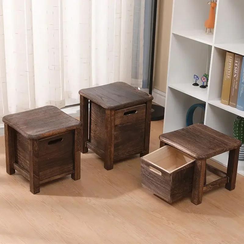Solid Wood Square Stool with Storage Drawer Sofa Bedside Low Table Change Shoes Bench for Entrance Hallway Ottoman Cabinet