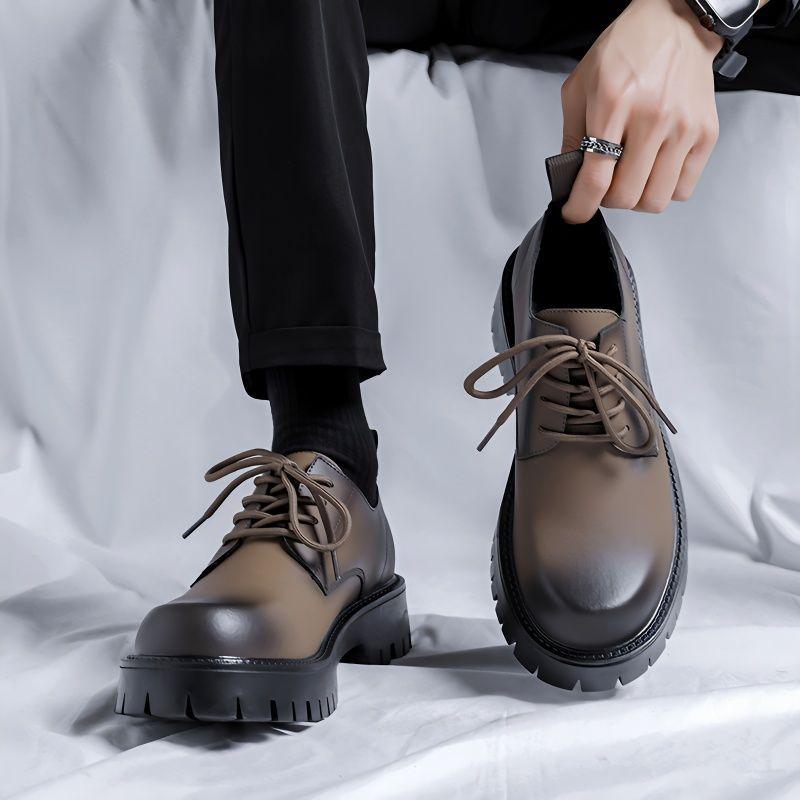 Derby Leather Shoes Men's British Style High Sense Korean Version Trend Leather Thick Sole Height Increase Wedding Groom Best Man Shoes