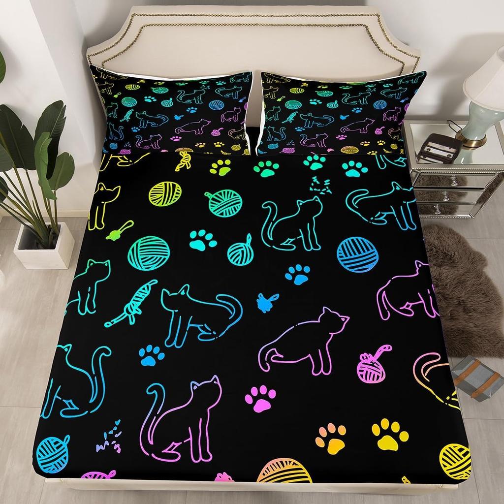 Bedding Set Cute Animals Kawaii Cats Kids Gradient Neon Sheets