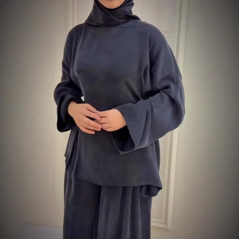 Womens 2026 Fall 2-Piece Set Long Sleeve Top With Tie Detail Slit Wide Leg Pants Casual Elegant Outfit